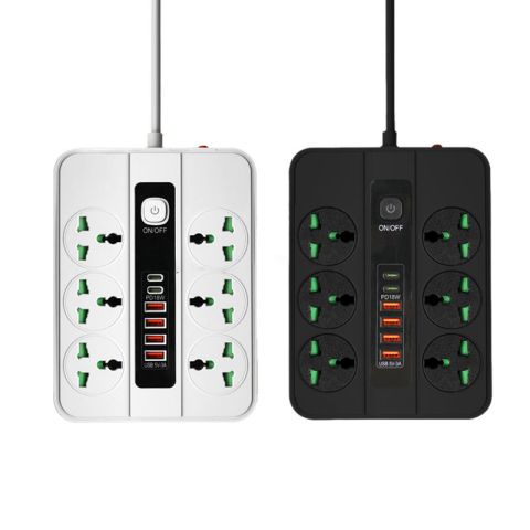 Universal 6 Socket Power Strip Extension Board 3000W with 2 PD18W Fast Charging Ports & 4 USB 5V3A