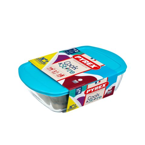 Pyrex Set of 2 Rectangular Storage Dishes with Sky Blue Lids (1.2L + 2.5L)