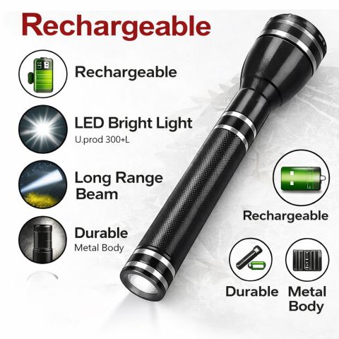 Premium Rechargeable LED Flashlight with Dual Battery Set 5W 2000mAh Batteries