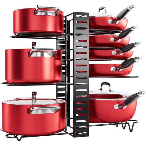 Adjustable 8-Shelf Pot and Pan Organizer Rack for Efficient Kitchen Storage