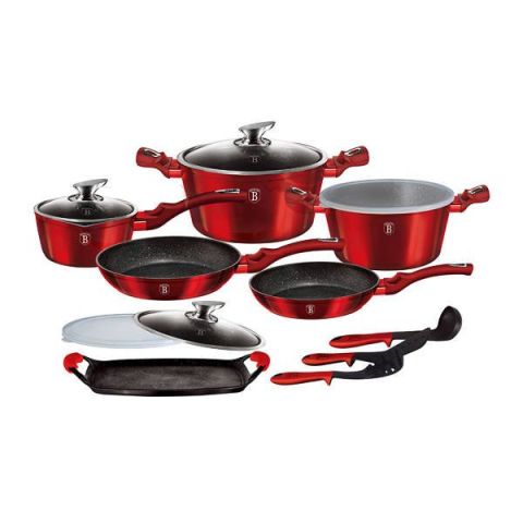 BH 16 PCS (2 Frypan + Saucepan + 2 Pots + Grill Plate + 2 Plastic Lid STACKABLE + 3  Kitchen Tools+ 2 HEAT RESISTANT SILICONE HANDLE) Burugndy