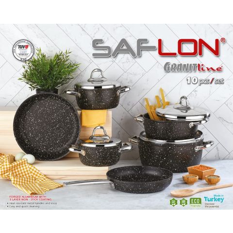 Saflon Granit 10 Pcs Set (Stainless steel handles and lid, pots 28 + 24 + 20 + 18 cm + frying pan 26 cm + tray 28 cm)
