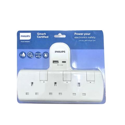  PHILIPS POWER SOCKET 3 BS FUSE PLUG + 2 USB (2.4 A) WITH INDIVIDUAL LIGHTING SWITCH 13A 250V~ 3250