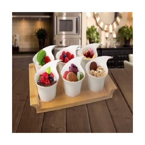 Porcelain Dipping Set of 7 PCS (6 Cups with Bambo Tray)